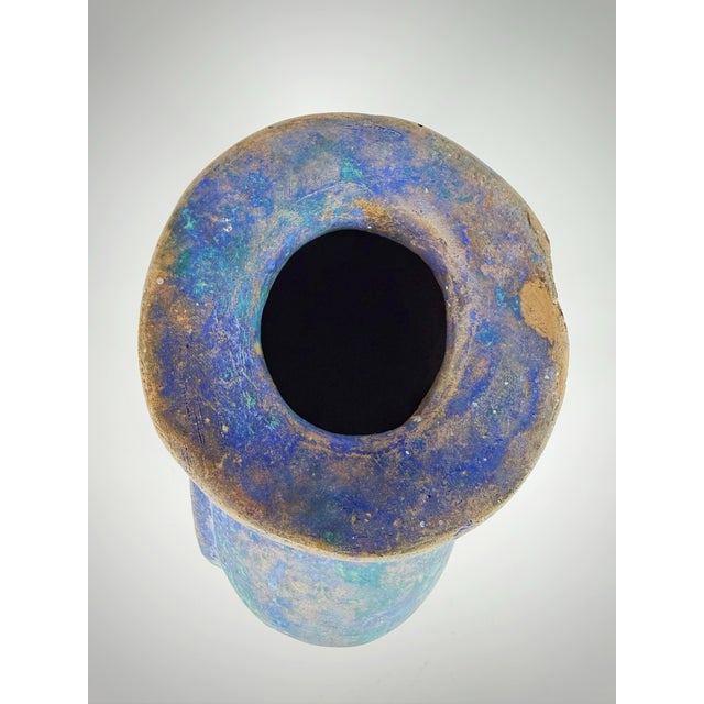 Royal Blue 1960s Large Hand-Built Painted Clay Vase With Swan Relief, Mid-Century Studio Art Pottery For Sale - Image 8 of 12