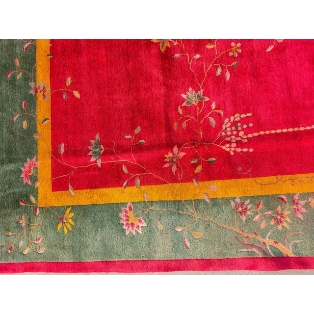 1920s Red Floral Antique Chinese Art Deco Rug 9' X 11'8" Handknotted Wool Carpet For Sale - Image 4 of 7