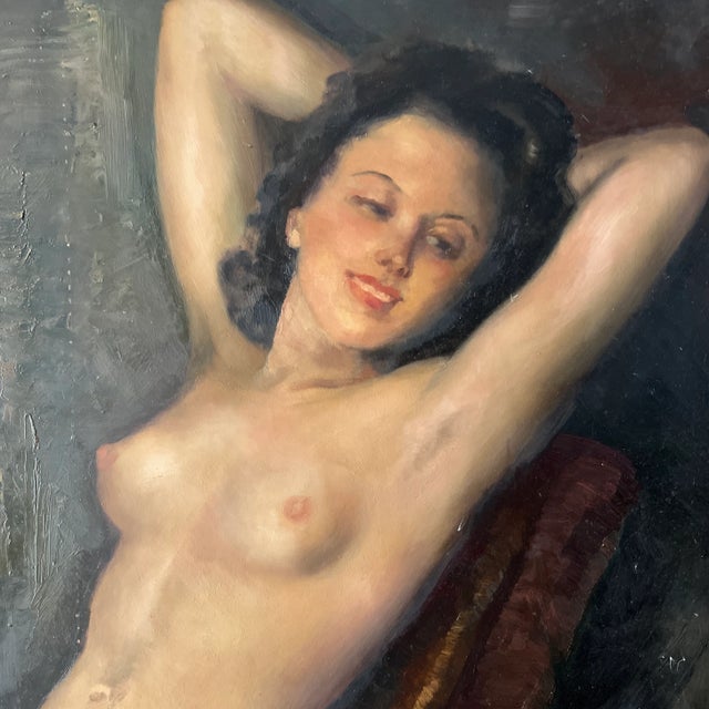 Portraiture 1900 German School Oil Painting on Board of a Reclining Female Nude, Framed and Signed For Sale - Image 3 of 10
