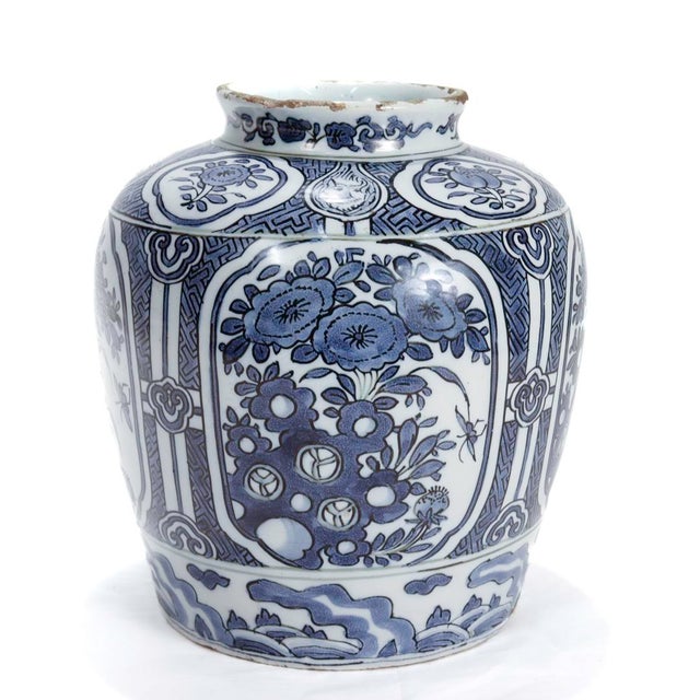 Chinoiserie Antique 18th Century Blue & White Dutch Delft Chinoserie Jar or Vase For Sale - Image 3 of 8