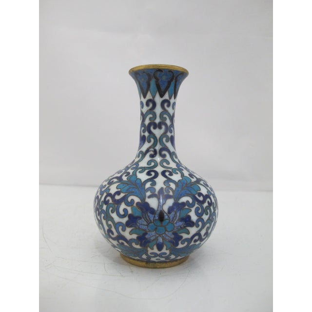 Chinese Turquoise & Cobalt Blue Cloisonne Enamel Flower Brass Small Vase For Sale - Image 4 of 9
