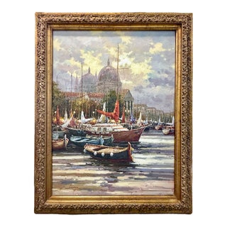Large Vintage Signed Harbor Scene Painting For Sale