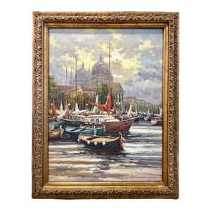 Large Vintage Signed Harbor Scene Painting