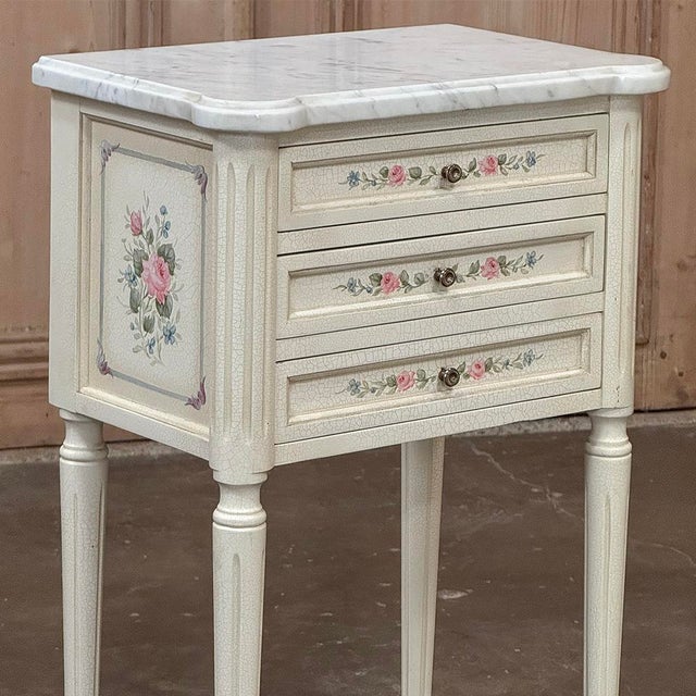 Late 20th Century Pair French Louis XVI Painted Side Tables ~ Nightstands With Carrara Marble For Sale - Image 9 of 18