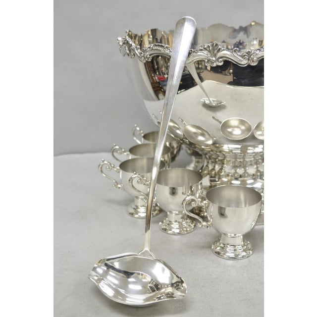 Vintage Large Silver Plated Pedestal Punch Bowl Set W/ 12 Cups - 14 Pc Set For Sale - Image 4 of 18