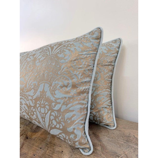 Custom Aquamarine & Gold Fortuny Lumbar Pillows For Sale In Los Angeles - Image 6 of 12