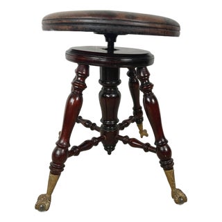 Antique Victorian Style Adjustable Piano Stool With Glass Ball-and-Claw Feet For Sale