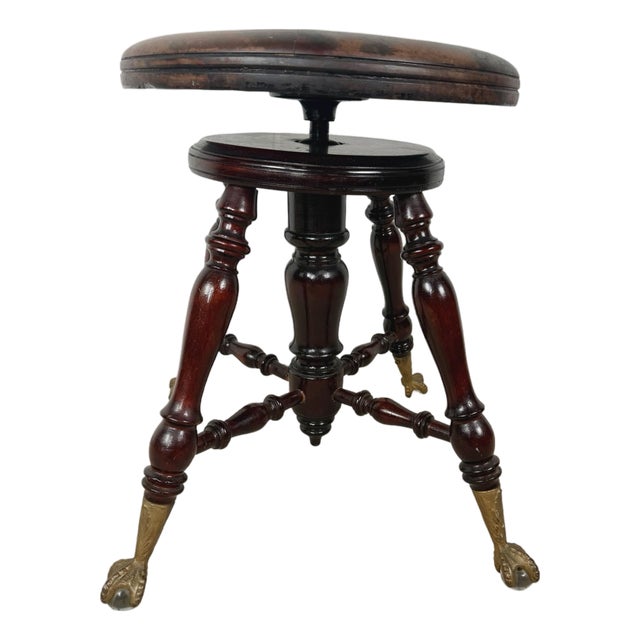 Antique Victorian Style Adjustable Piano Stool With Glass Ball-and-Claw Feet For Sale