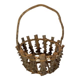 Americana Antique Adirondack Twig Mushroom Foraging basket.Adirondack Twigs Primitive Style W/ a Large Bent Twig Handle. Early 20th Century For Sale