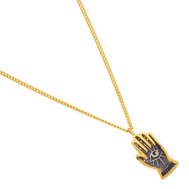 Metal Energy Flow Hamsa Hand Evil Eye Pendant Gold Chain Necklace For Sale - Image 7 of 8
