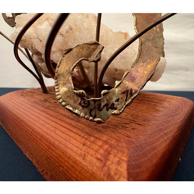 Metal Vintage Brass Seahorse Sculpture on Quartz & Teak Base For Sale - Image 7 of 10