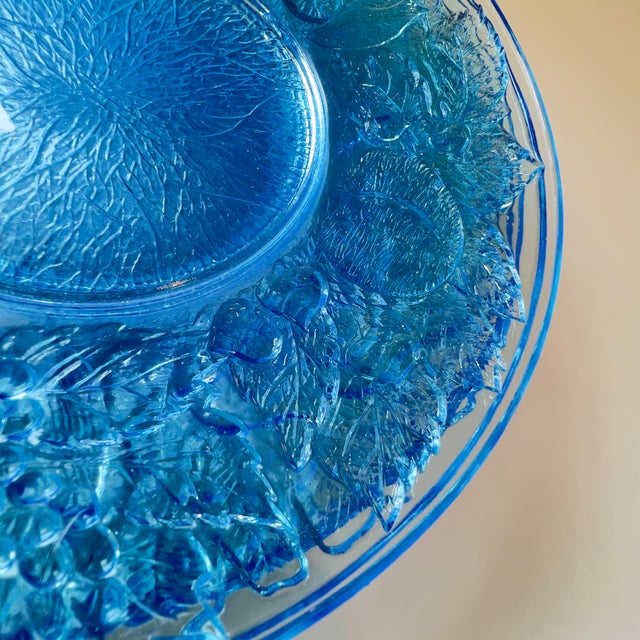 Kig Vintage 10.5" Blue Pressed Glass Grapes and Leaves Tableware Dinner Plates, Set of 7 For Sale - Image 10 of 11