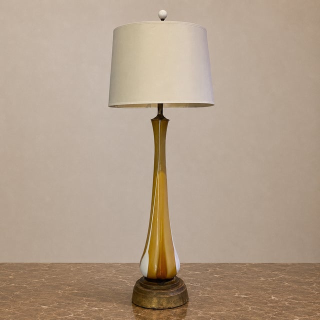 Vintage Mid-Century Murano Style Handblown Amber & White Art Glass Table Lamp With Brass Base For Sale - Image 4 of 13