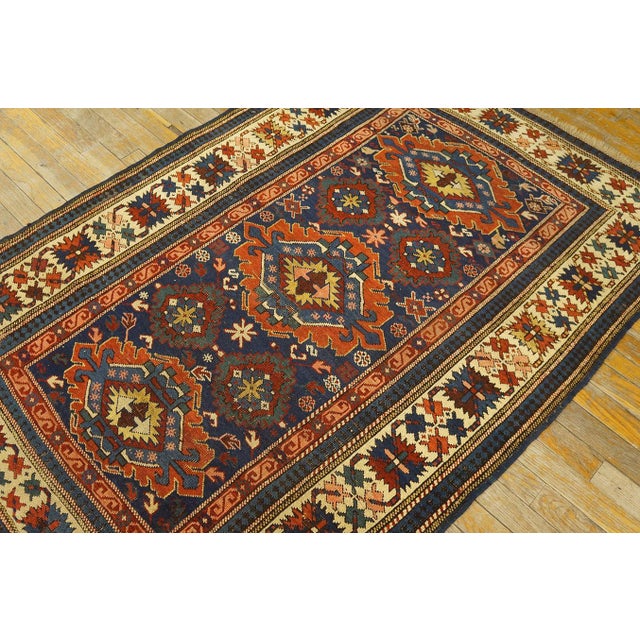 Tribal 1890s Blue Navy Geometric Tribal Caucasian Kuba Rug 3'9" X 5'3" Wool Handknotted Carpet For Sale - Image 3 of 6