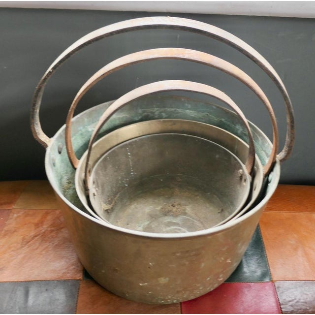 Set of 3 19th century brass preserving pans or cooking pots. A superb piece of social history and a must for the...