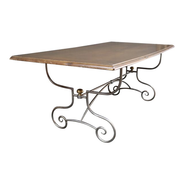 French Style Scrolled Polished Steel & Walnut Dining Table For Sale