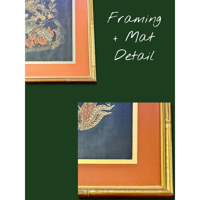 Vintage Thai Silk Paintings-Pair-Ramakien-Thailand Framed Asian Art-Mythology For Sale - Image 9 of 10