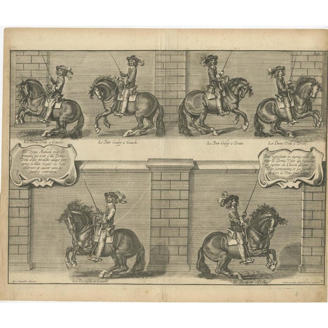 Antique print titled 'La Vraije Methode pour les passades (.)'. Original old print of the Duke of Newcastle enacting half...