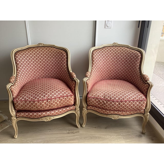 Stunning French Painted Bergères W/Raspberry Velvet Upholstery For Sale - Image 10 of 12