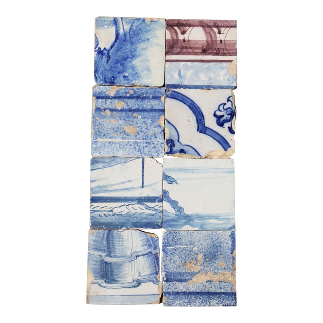 Antique 18th Century Portuguese Baroque Tiles With Decorative Borders & Landscape Elements, Set of 8 For Sale