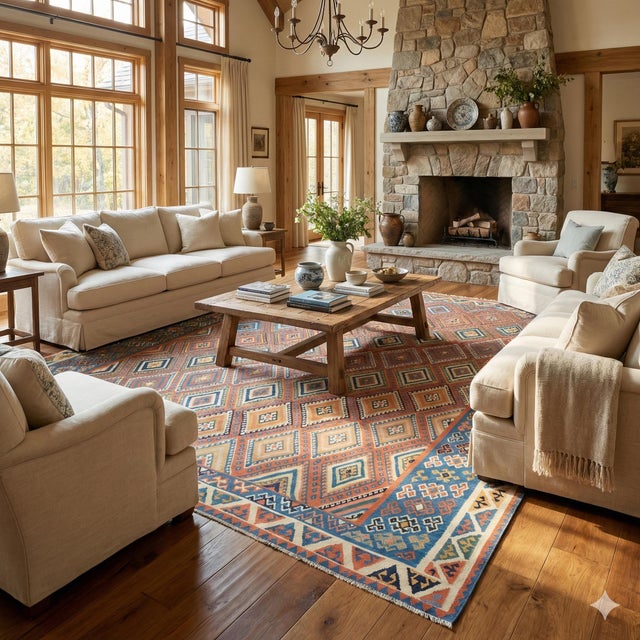 Massive Square Kilim Rug 14x15 Ft, Antique Style Turkish Flatweave, Terracotta & Denim Blue Tribal Rug, Organic Wool Rustic Farmhouse Decor For Sale - Image 4 of 16