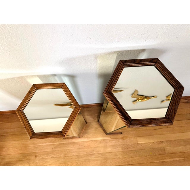 Contemporary 1970's Pair of Tall Mirrored Pedestals With Octagonal Oak Wood Tops For Sale - Image 3 of 8