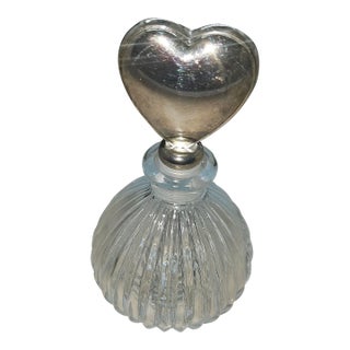 Vintage Ribbed Glass and International Silverplated Heart Shaped Perfume Stopper/Bottle For Sale
