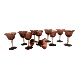 Rare Vintage Mid-Century Bill Blenko Designed Art Glass Air Twist Amethyst Wine Glasses- Set of 10 For Sale