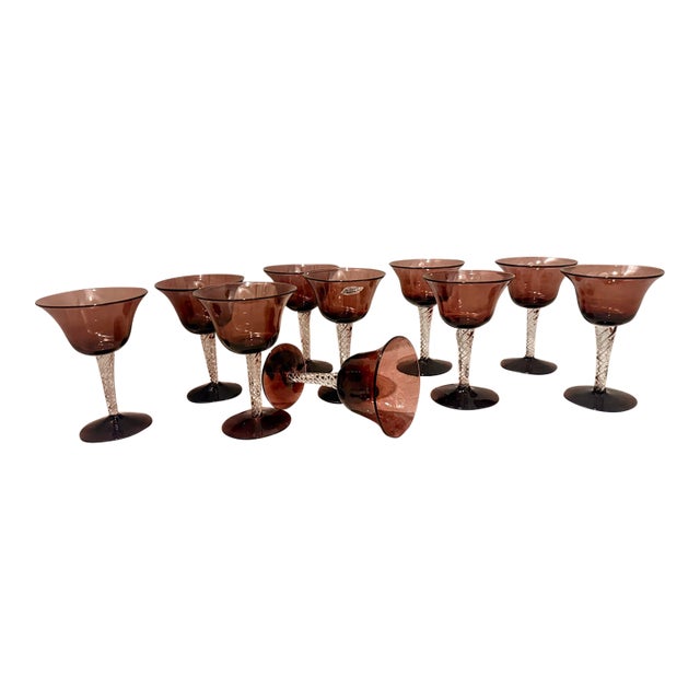 Rare Vintage Mid-Century Bill Blenko Designed Art Glass Air Twist Amethyst Wine Glasses- Set of 10 For Sale