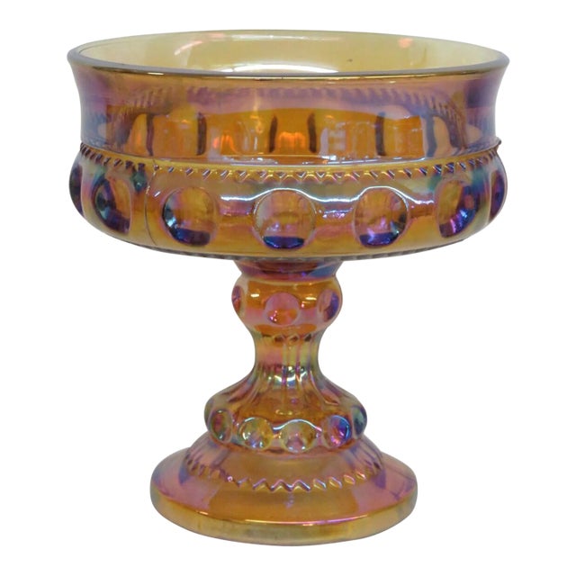 Kings Crown Thumbprint Indiana Carnival Glass Amber Compote Candy Dish For Sale