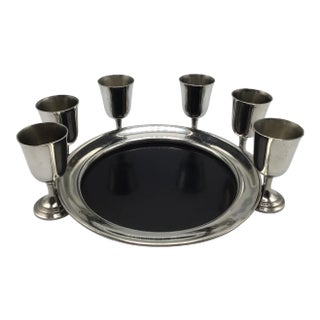Pewter Eales of Sheffield Serving Tray and 6 English Pewter Stemmed Aperitif Glasses - Set of 7 For Sale