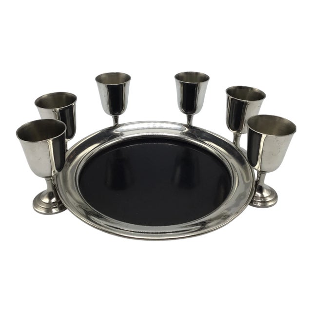 Pewter Eales of Sheffield Serving Tray and 6 English Pewter Stemmed Aperitif Glasses - Set of 7 For Sale