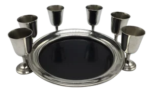 Pewter Eales of Sheffield Serving Tray and 6 English Pewter Stemmed Aperitif Glasses - Set of 7