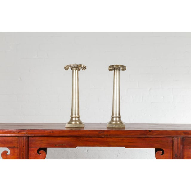 Asian Brushed Silver over Bronze Column Candlesticks with Large Ionic Capitals - A Pair For Sale - Image 3 of 10