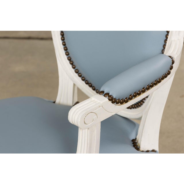 Antique French Louis XVI Style Painted Dining Chairs in Sky Blue Leather - Set of 6 For Sale - Image 12 of 18