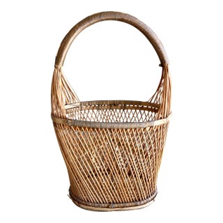 Late 20th-Century Slim Pencil Reed Rattan & Twine Oval Handled Basket For Sale