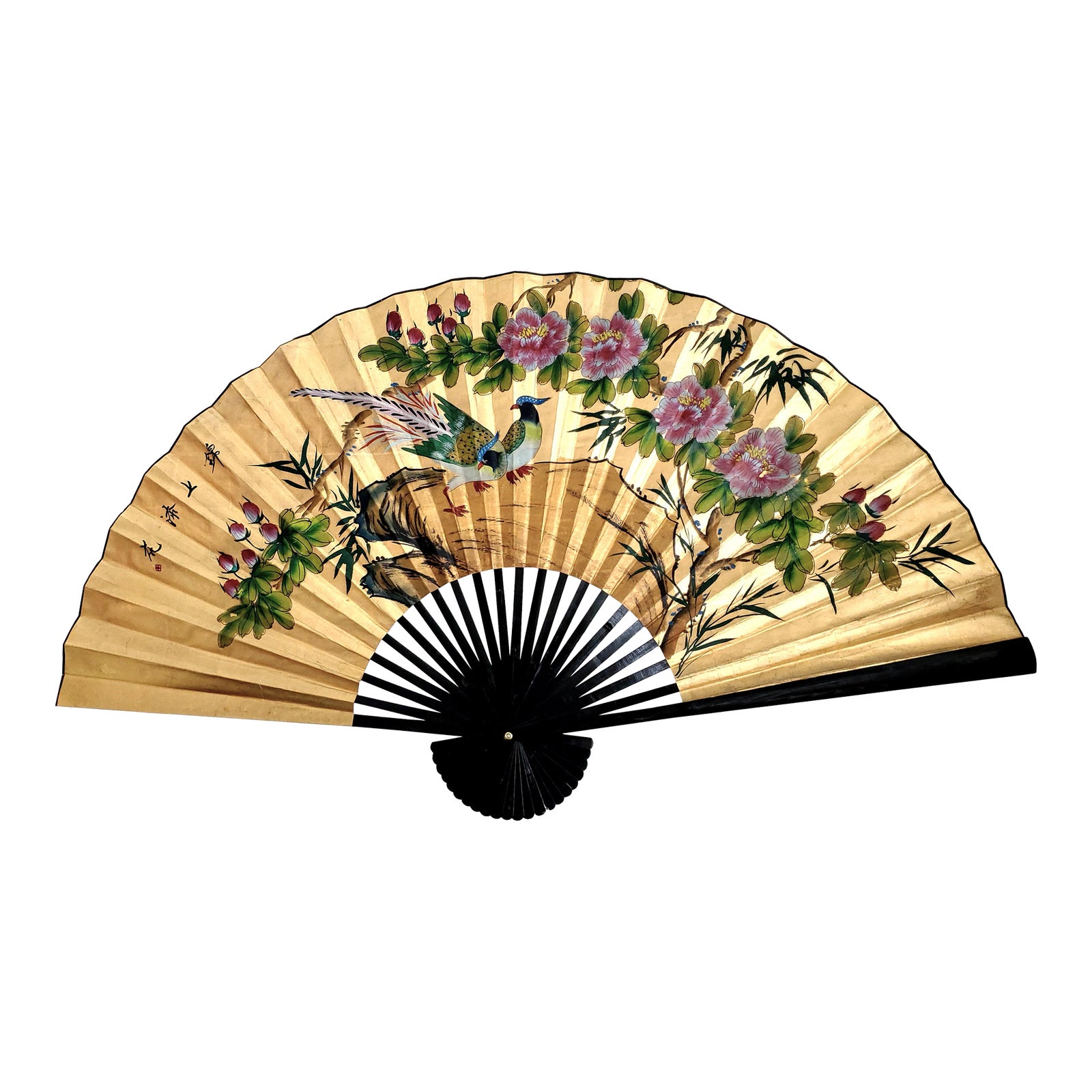 ExtraLarge Vintage Chinese Gold Leaf Paper Wall Fan Painting on Black