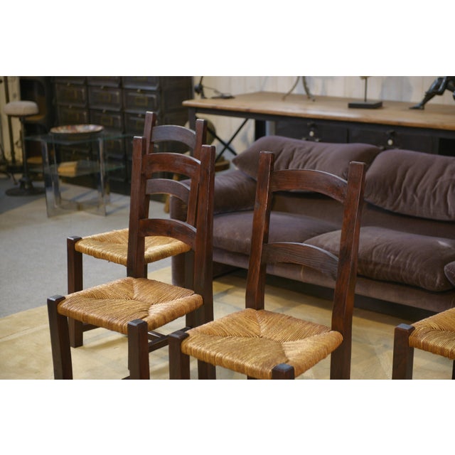 Brown Vintage Elm and Straw Chairs by Aranjou, 1950s, Set of 4 For Sale - Image 8 of 13