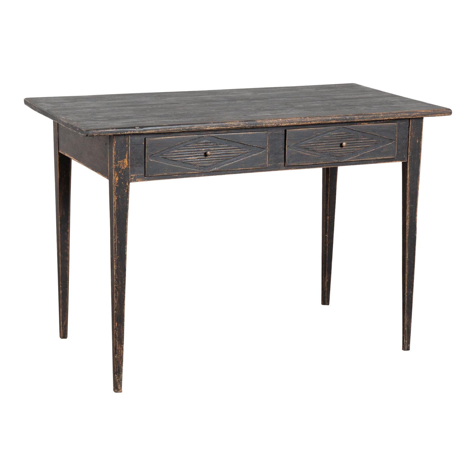 19th Century Swedish Black Painted Pine Two-Drawer Side Table | Chairish