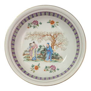 Vintage Chinoiserie Famille Rose Hand Painted Figural Large Serving Bowl