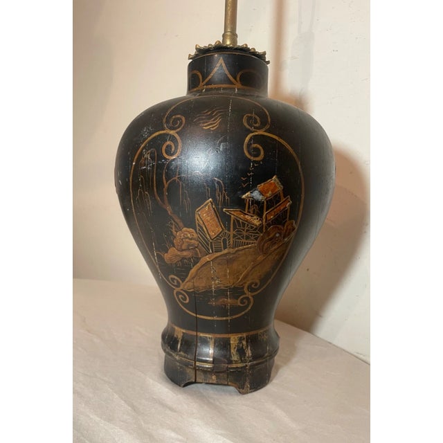 Antique Hand Carved Chinese Lacquered Heavy Wood Brass Electric Table Lamp Light For Sale - Image 10 of 17