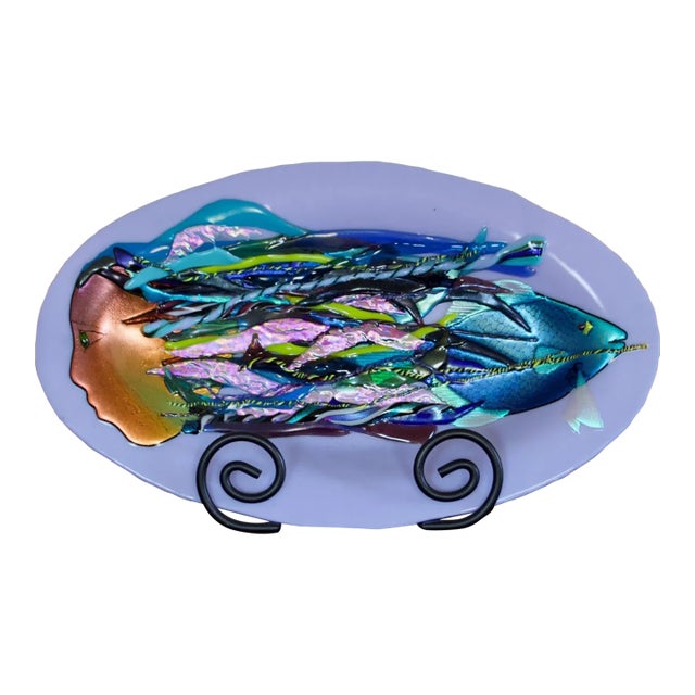 Christie Moody Blue Heron Glass Iridescent Fused Glass Mermaid & Fish Bowl, 1990s For Sale