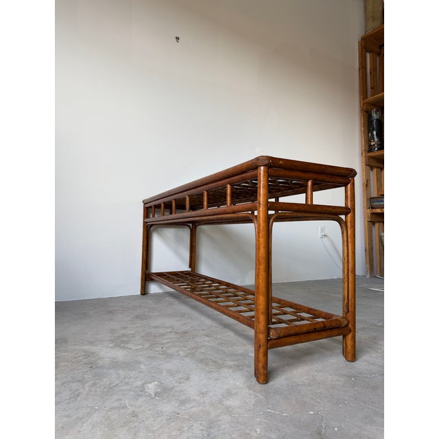 1970s 1970's Vintage Coastal Geometric Rattan & Glass Top Console Table For Sale - Image 5 of 16