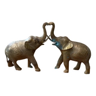 Mid 20th Century Vintage Solid Brass Elephant Book Ends Original Patina - Set of 2 For Sale