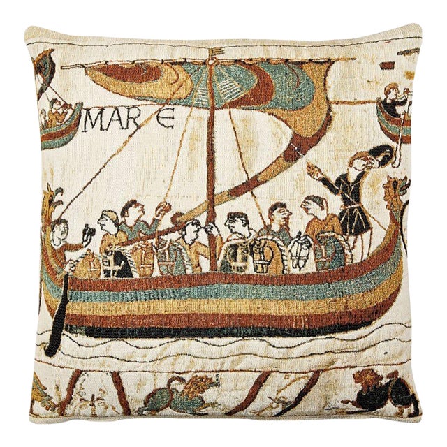 Bayeux-Longship (Woollen) Tapestry Cushion With Feather Filler - 43x43cm (17"x17") For Sale