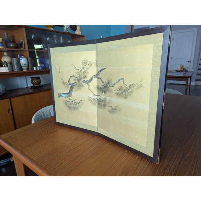 An exquisite, highly decorative vintage Japanese two-panel folding tabletop screen (byōbu) from the mid-to-late 20th...
