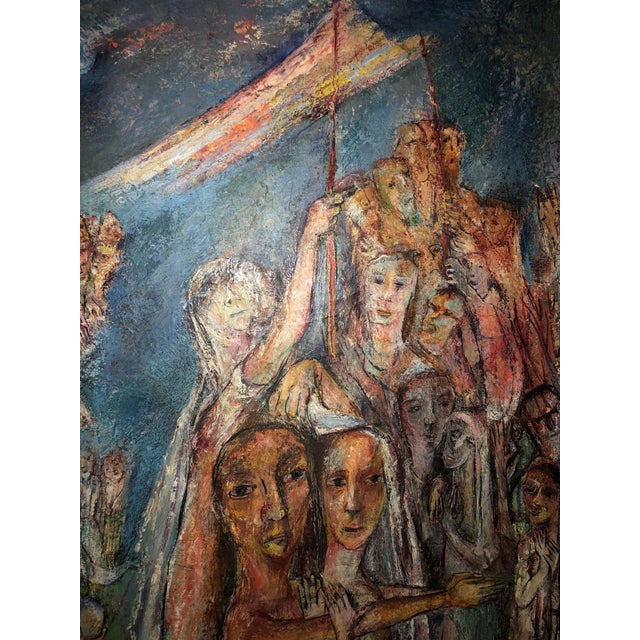 Textile Sabina Teichman, Abstract Procession Jewish Wedding Chuppah Oil Painting Modernist Judaica, c.1950s For Sale - Image 7 of 8