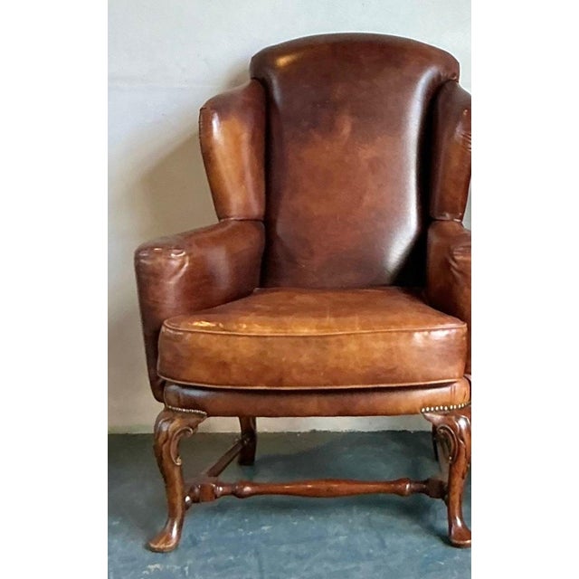 Wood Vintage Italian Leather Wingback Chairs - A Pair For Sale - Image 7 of 12