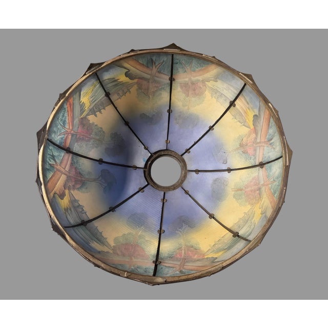 Antique Reverse Painted Glass 8 Panel Table Lamp Landscape Shade For Sale - Image 9 of 11