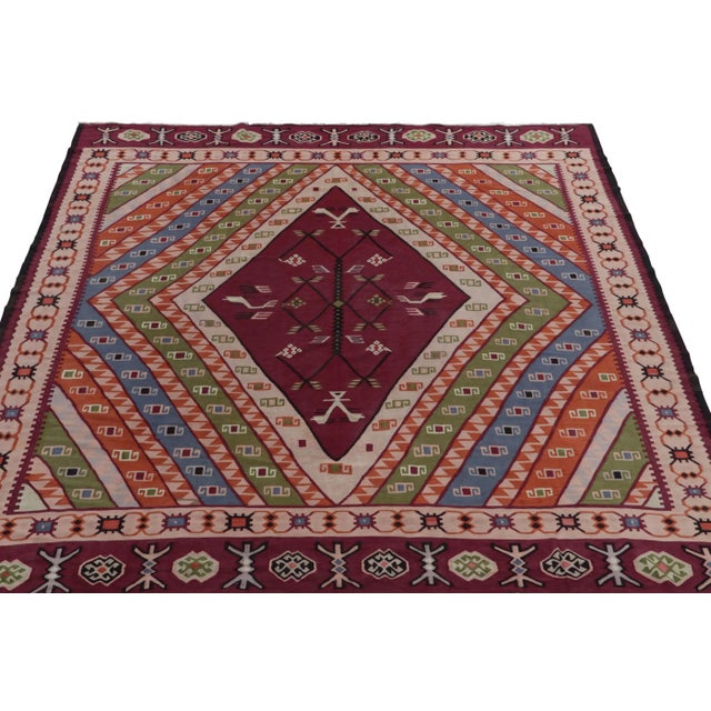 Tribal 1920s Antique Tribal Kilim in Rare Bordeaux With Vibrant Geometric Patterns For Sale - Image 3 of 6